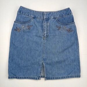 Liz Claiborne Blue Denim Midi Skirt with Embroidery